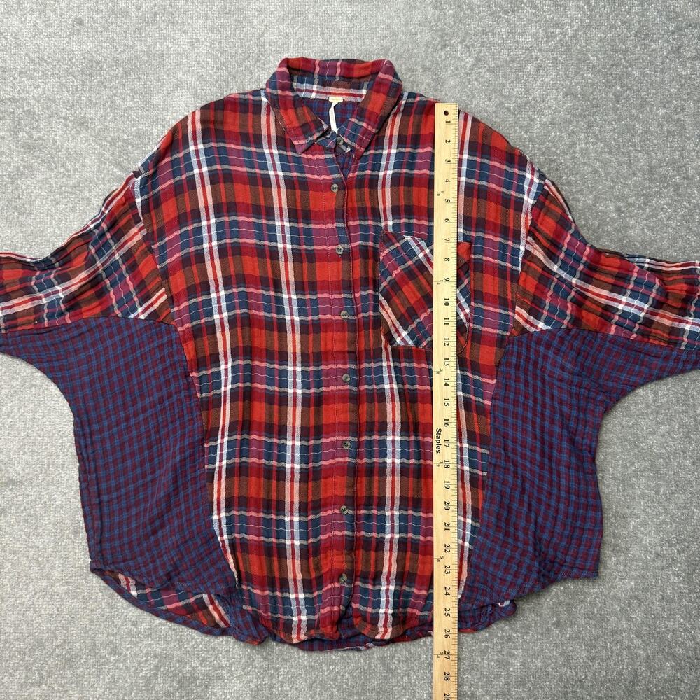 Free People Shirt Womens XS Red Blue Oversized Dolman Long Sleeve Patchwork - Picture 7 of 8